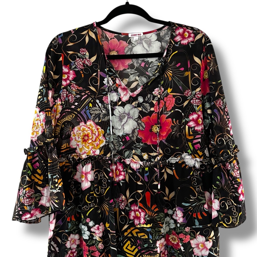 Johnny Was Multicolor Naomi Peace Ruffled Tiered Floral Midi Dress Boho Sz Small - Picture 4 of 12
